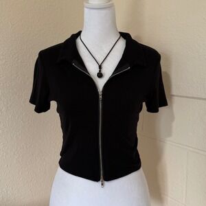 Better Be Zip Up Crop Top Women Large Black  Ribbed Short Sleeve Collared Gothic